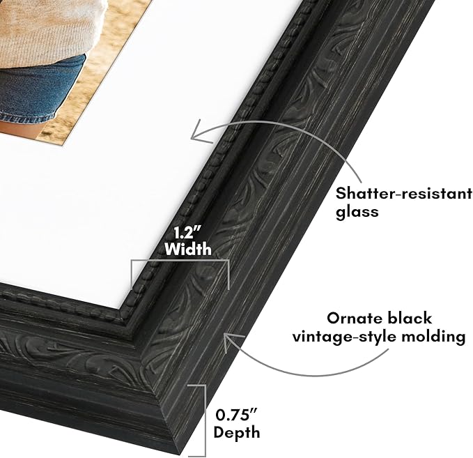 Americanflat 8x10 Picture Frame with Shatter-Resistant Glass - Use as 5x7 Frame with Mat or Display 8x10 Photo Without Mat - Ornate Picture Frames for Wall and Tabletop Display - Black