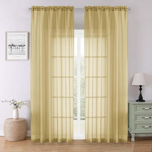 Lecloud Gold Sheer Curtains 90 Inches Long 2 Panels Set, Living Room Curtains for Bedroom Decor Dual Rod Pocket, Farmhouse Airy Light Filtering Solid Dining Room Drapes, Each Panel 59" W x 90" L