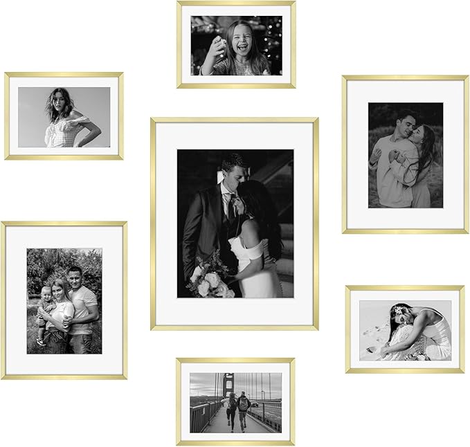Frametory, Gold Aluminum Picture Frame with Removable Mat - Set of 7 Includes Four 5x7, Two 8x10, One 11x14 - Real Glass Front - Simple Gallery Wall Frames for Art Prints and Posters