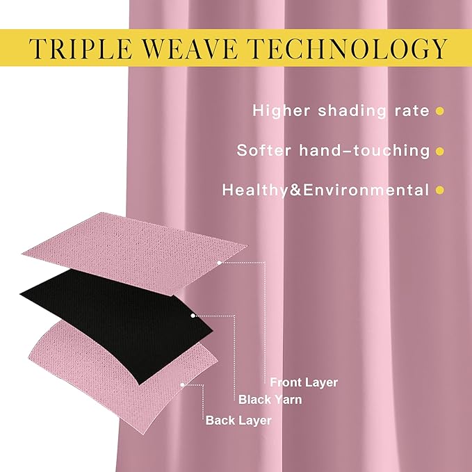 NICETOWN Bedroom Room Darkening Curtains - Triple Weave Grommet Top Thermal Insulated Solid Energy Saving Panels/Drapes for Villa/Hall, Crystal Pink, 1 Pair, 52 inches by 95 Inch