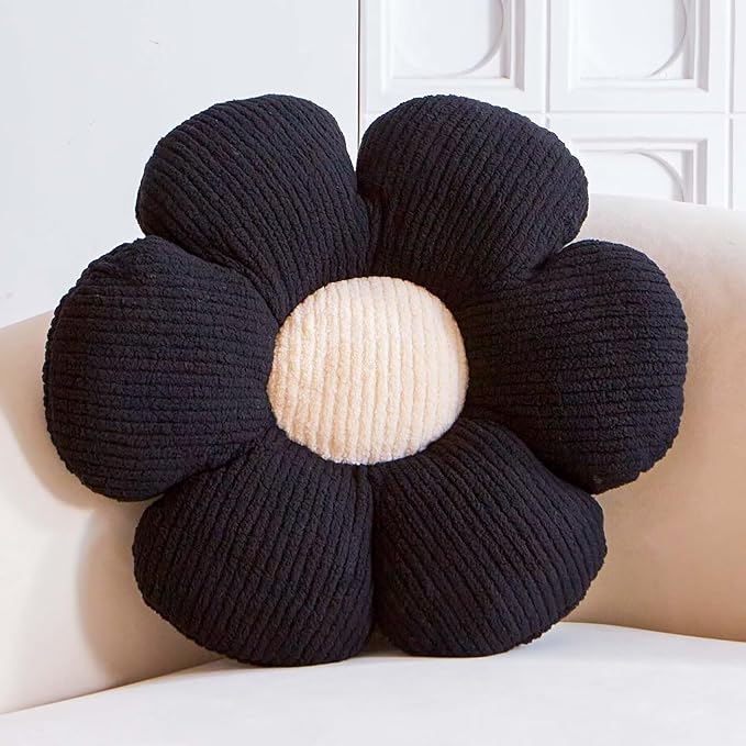 Black Flower Decorative Throw Pillow for Bed Couch, Cute Daisy Shaped Plush Aesthetic Pillow, Soft 19.6" Floor Pillow Seat Cushion