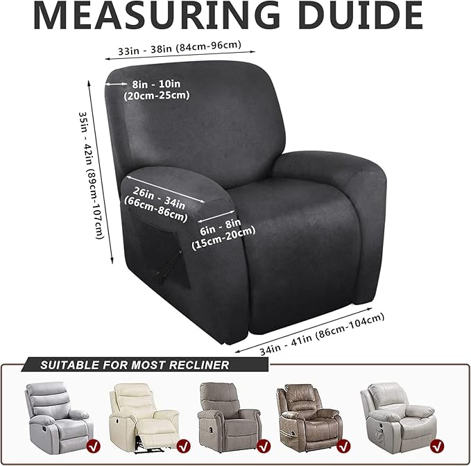 ANARACHON Leather Look Recliner Chair Covers Stay in Place 4-Piece Recliner Slipcovers for Reclining Chair Furniture Protector Spandex Fabric Washable (X-Large, Dark Gray)