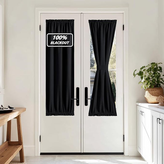 NICETOWN 100% Blackout French Door Curtain, Privacy Door Curtains for Window, 25 X 64 Inch Long Room Darkening Blinds, Thermal Insulated Window Shades for Bedroom, 1 Panel, Black