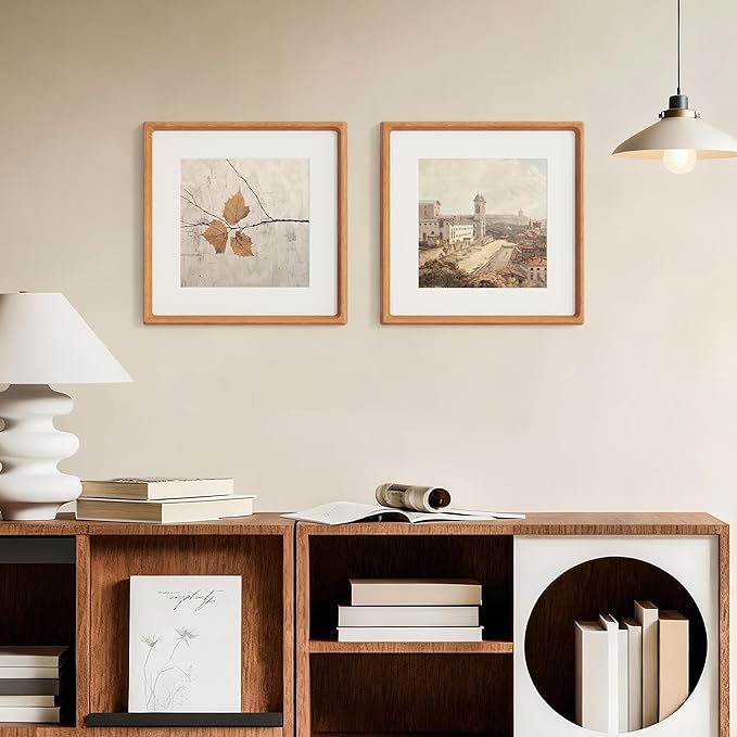 12x12 Frame, USA-Sourced Teak Wood Photo Frames with HD Tempered Glass, Handcrafted Rounded Corner Square Wooden Frames Matted to 8x8 Photos, 12x12 Picture Frame, Tabletop or Wall Display