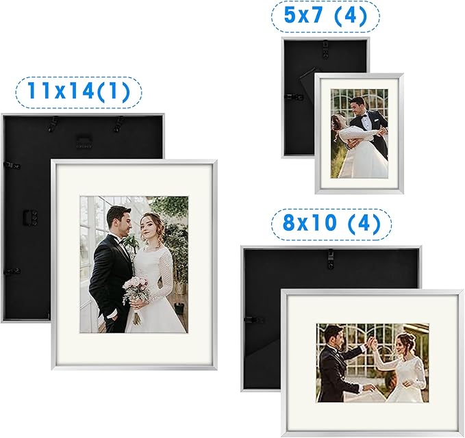 Golden State Art, Picture Frame Set 7 Pack, Gallery Wall Frame with One 11x14, Two 8x10, and Four 5x7. Aluminum Photos Frame for Wall or Tabletop Display (Style 1, Silver, 7 Pack)