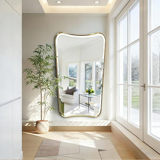 POZINO Brushed Gold Beveled Mirror, 30"x48" Irregular Aesthetic Floor Mirrors, Bathroom Vanity Mirror with Stainless Steel Frame, Butterfly Shape Wall Mirrors for Living Room Bedroom Hallway Entryway