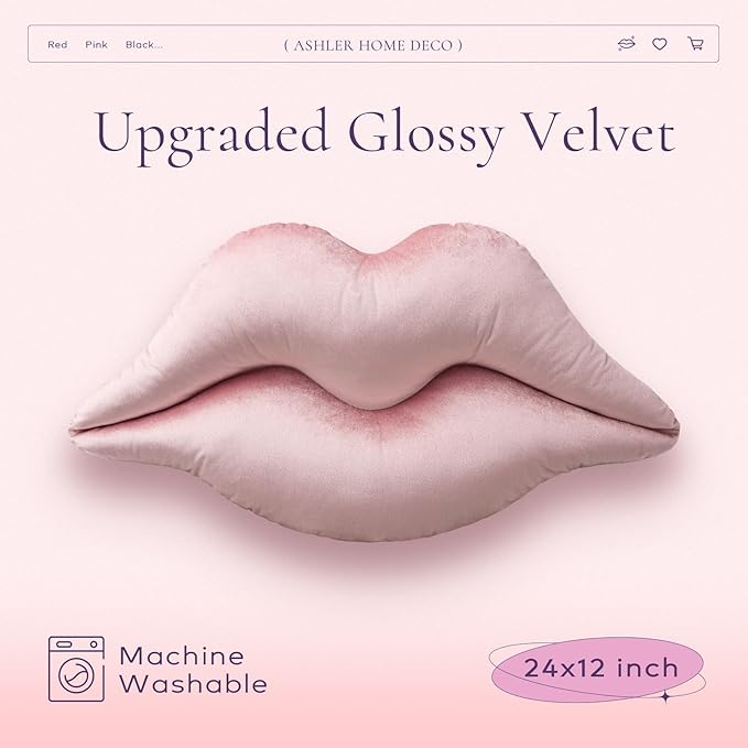Ashler Upgraded Glossy Velvet Lip Shape Throw Pillow, Delicately Soft, Glossy Shimmering and Brilliant with Velvet Backing for Sofa, Bed and Living Room, Pink, 24 X 12 Inches