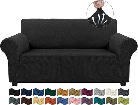 Asnomy Sofa Covers for 2 Cushion Couch Stretch loveseat Cover Slipcovers, Pet Protector Furniture Covers for Dogs Cats Spandex Jacquard Fabric Small Checks（Medium， Black）