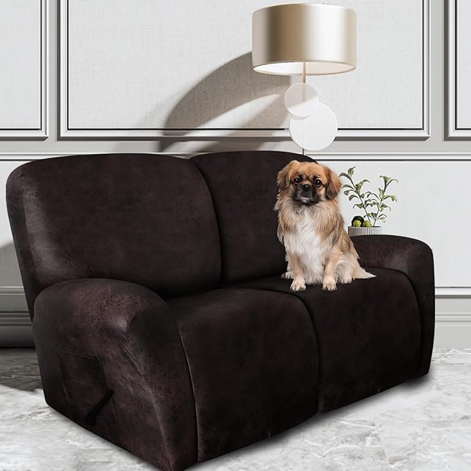 ANARACHON Leather Look Loveseat Recliner Covers Stay in Place 6-Piece Recliner Sofa Slipcover 2 Seater Reclining Couch Cover Spandex Fabric Washable (Recliner Loveseat, Chocolate)