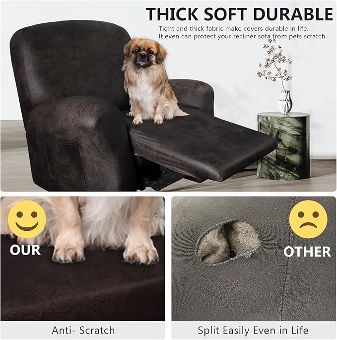 ANARACHON Leather Like Recliner Chair Covers Heavy Duty, 4 Pieces Recliner Cover for Recliner Chair, Leather Cover for Recliner slipcovers Washable for Pets (Black Chocolate)