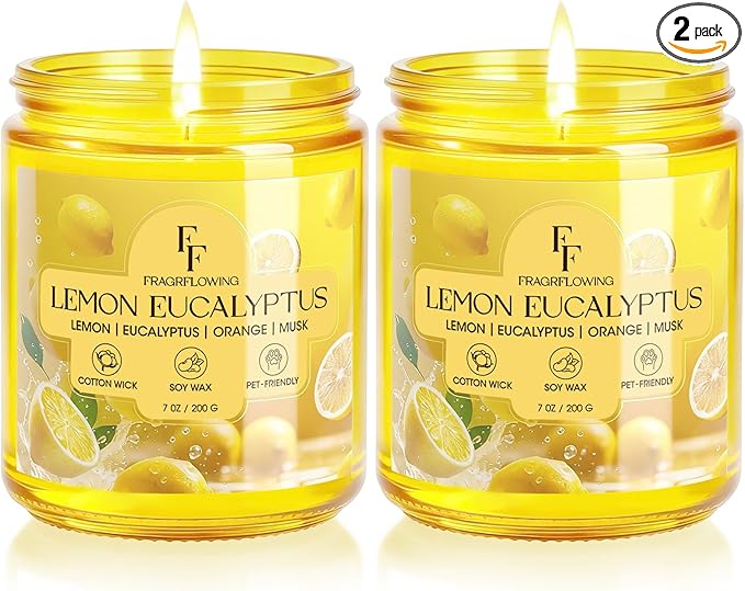 Lemon Eucalyptus Scented Candle, Natural Soy Wax Jar Candle for Home Scented, 100-Hour Burn Time Gifts for Women Men, 7 oz (2 Pack)