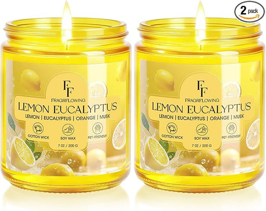 Lemon Eucalyptus Scented Candle, Natural Soy Wax Jar Candle for Home Scented, 100-Hour Burn Time Gifts for Women Men, 7 oz (2 Pack)