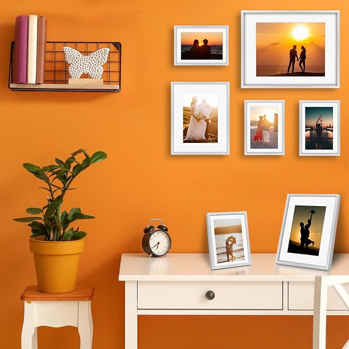 Frametory, Silver Aluminum Picture Frame with Removable Mat - Set of 7 Includes Four 5x7, Two 8x10, One 11x14 - Real Glass Front - Simple Gallery Wall Frames for Art Prints and Posters