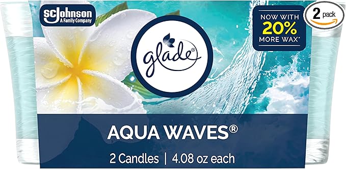 Glade 1-Wick Scented Candle Jar, Aqua Waves, Air Freshener Infused with Essential Oils, 4.08 Oz, 2 Count