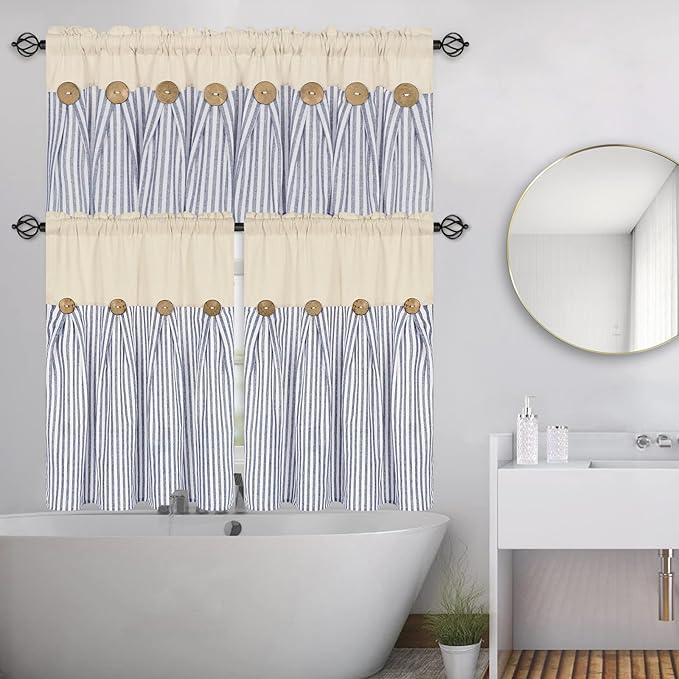 ASPMIZ Cotton Linen Farmhouse Kitchen Curtains, Boho Rustic Button Tier Curtains 36 Inch Lenth, Blue Stripe Short Rod Pocket Curtain for Small Window, Half Window Curtain for Kitchen, 2 Panels