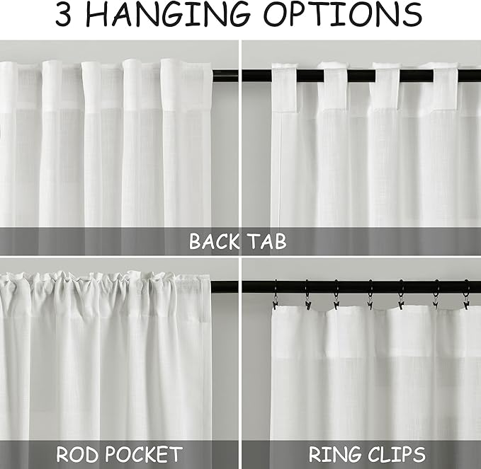 Off White Semi Sheer Linen Curtains 90 inch Length for Living Room Back Tab Rod Pocket Modern Farmhouse Coastal Decor White Cotton Textured Gauze Curtains 90 inches Long for Dining Room Office