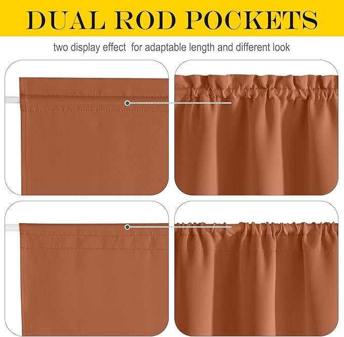 NICETOWN French Door Curtain for Door Window, Rod Pocket Thermal Short Curtain for Glass Patio Kitchen Window, 30 X 40 Inches Long, 1 Panel with Tieback, Burnt Orange