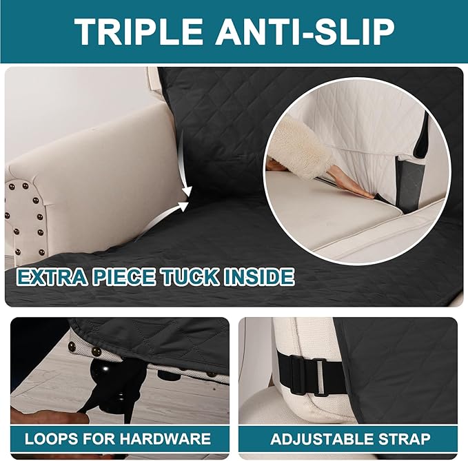 Turquoize 100% Waterproof Sofa Covers Chaise Lounge L Shape Sofa Protector Slip Cover Triple Non-Slip Sofa Slipcover for Chaise Sectional Couch Cover for Pets, Kids (Chaise, Black)