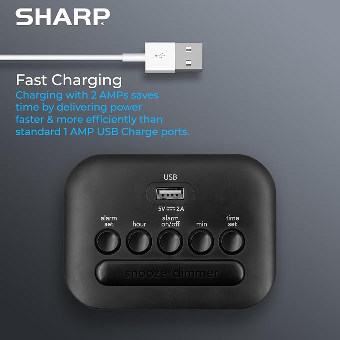 Sharp Digital Alarm Clock with USB 2 AMP Fast Charge Port & White LED Display - Image 3