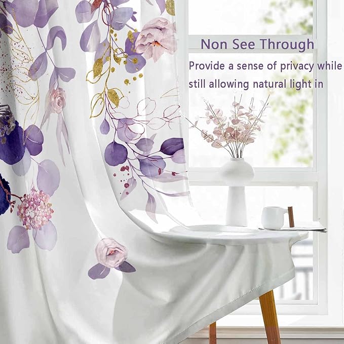 Purple Eucalyptus Floral Curtains 63 Inch Length Watercolor Flower Plant Light Filtering Curtains for Living Room Farmhouse Rustic Dining Room Curtain Wildflower Kitchen Curtain 2 Panels