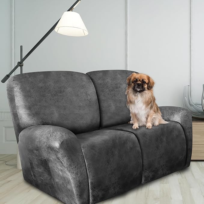 ANARACHON Loveseat Recliner Cover Leather Look Recliner Loveseat Covers Recliner Sofa Cover for 2 Seater Reclining Couch Spandex Fabric Washable 6 Pieces (2 Seater, 02 Light Grey)