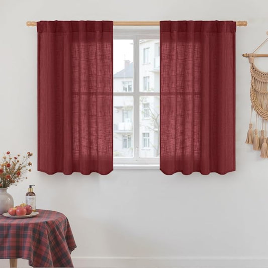 LAMIT Red Linen Curtains 40 Inch Length, Semi Sheer Light Filtering Panels Back Tab and Rod Pocket Christmas Decor Drapes for Small Windows/Kitchen, Burgundy Red, 2 Panels, 34 x 40 Inch