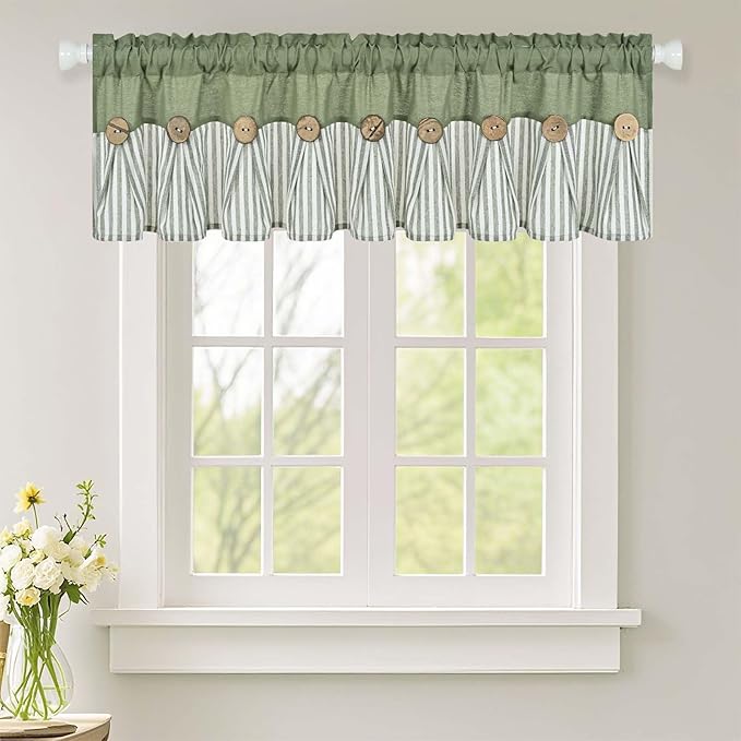 ASPMIZ Farmhouse Cotton Linen Valances for Windows, Boho Kitchen Curtains Valances with Rustic Button, Green Striped Window Treatments Curtain Valance for Bathroom Cafe, 60 x 14 Inch, 1 Pannel