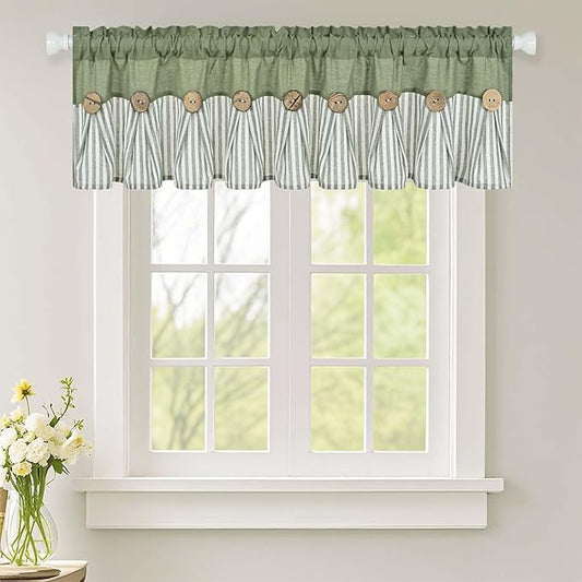 ASPMIZ Farmhouse Cotton Linen Valances for Windows, Boho Kitchen Curtains Valances with Rustic Button, Green Striped Window Treatments Curtain Valance for Bathroom Cafe, 60 x 14 Inch, 1 Pannel
