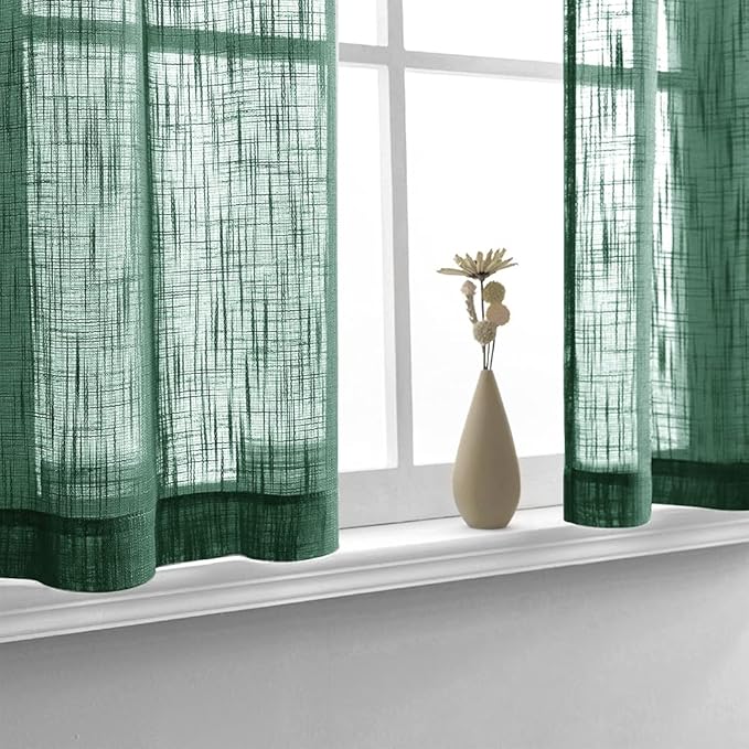 Sheer Green Curtains for Bedroom 2 Panels Rod Pocket Linen Small Window Tier Cafe Curtain Semi Privacy Short Dark Forest Green Curtains for Kitchen Bathroom Coverings 30 Inch Length Hunter Emerald
