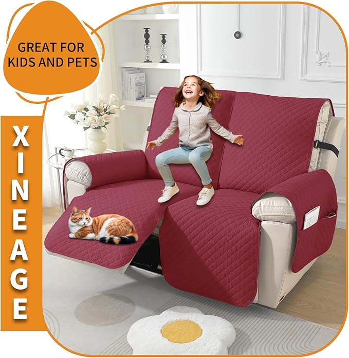 XINEAGE Clearance Waterproof Recliner Cover, 2 seat Recliner Loveseat Covers with Pockets, Thick Recliner Protector Cover for Dog Pets with Non Slip Backing and Strap (Recliner Loveseat, Red)