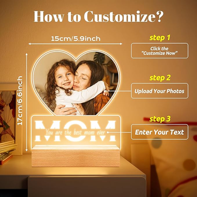 Personalized Gifts for Mom from Daughter and Son, Custom Picture Frames with Photo, Personalized Photo Frame with Night Light, Customized Mom Birthday Gifts