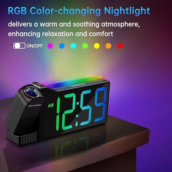 Peakeep Projection Alarm Clock for Bedroom Ceiling with Colorful Nightlight - Image 5