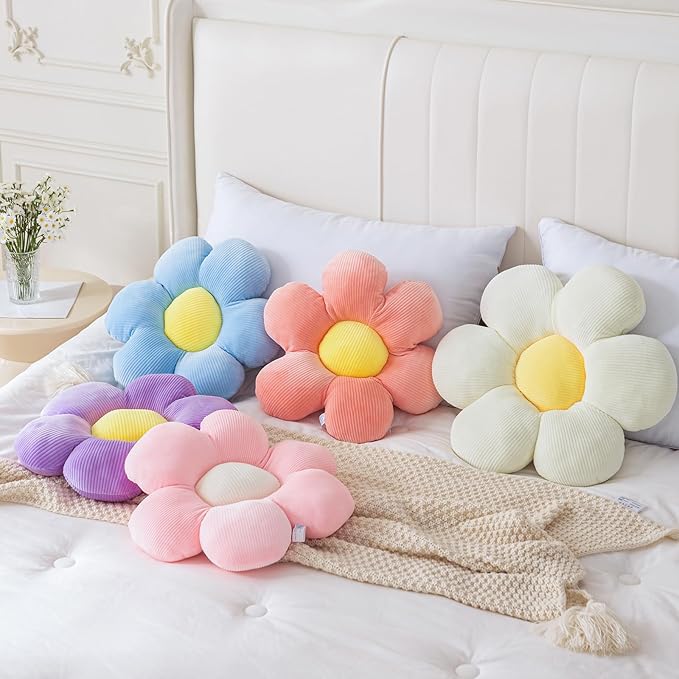 CANGHI Flower Pillow - 3 Pcs Flower Shaped Throw Pillow 15.7'' Cute Daisy Flower Pillow Flower Seating Cushions for Adults Kids Home Bedroom Sofa Chair Couch Decor (White/Pink/Purple, 15.74 in)