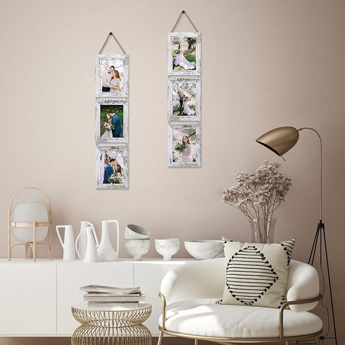Lavezee 5x7 Collage Hanging Triple Picture Frames Set, 6 Opening Distressed White Vertical Frame Made to Display 5 by 7 Inch Photo Prints for Wall Decor