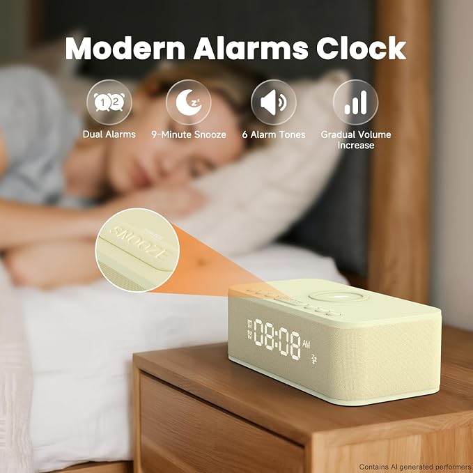 Digital Alarm Clock White Noise, Loud Digital Alarm Clocks Bedrooms, Alarm Clock Speaker Wireless Charger AUX USB Bluetooth Speaker 12/24H Dual Alarm Snooze Adjustable Brightness, Cream - Image 5
