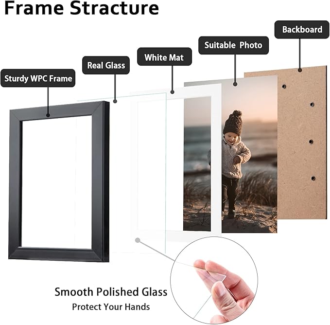 KINLINK 5x7 Picture Frame Black Set of 6, Wooden Photo Frames Matted 4x6 with Plexiglass for 4x6 with Mat or 5x7 without Mat for Table and Wall Display