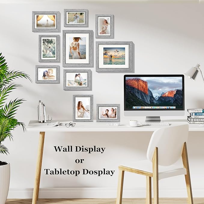 Picture Frames, Made of Real Glass and Wooden Frame, Gallery Photo Frames Set of 10 for Collage Wall Decor, Multi Sizes Including 8x10, 5x7, 4x6 for Mounting or Tabletop Display, Grey