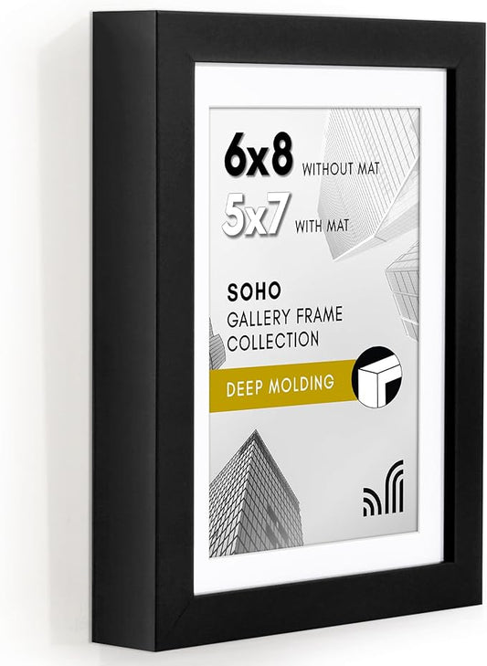 Americanflat 6x8 Picture Frame with Shatter-Resistant Glass - Use as 5x7 Frame with Mat or Display 6x8 Photo Without Mat - Soho Collection - Deep Molding Picture Frames for Tabletop or Wall - Black