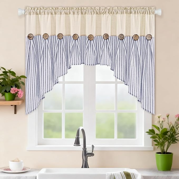 ASPMIZ Farmhouse Cotton Linen Swag Valances for Windows, Boho Kitchen Curtains Valances with Rustic Buttons, Blue Striped Window Treatments Curtain Valance for Bathroom Cafe, 61 x 36 Inch, 1 Panel