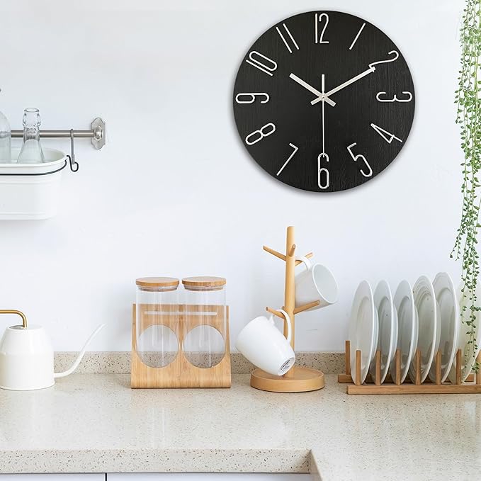 AIRUIFU Wall Clock 12 Inch Silent Non-Ticking Modern Clocks Battery Operated - Analog Small Classic for Office, Home, Bathroom, Kitchen, Bedroom, School, Living Room(Black)