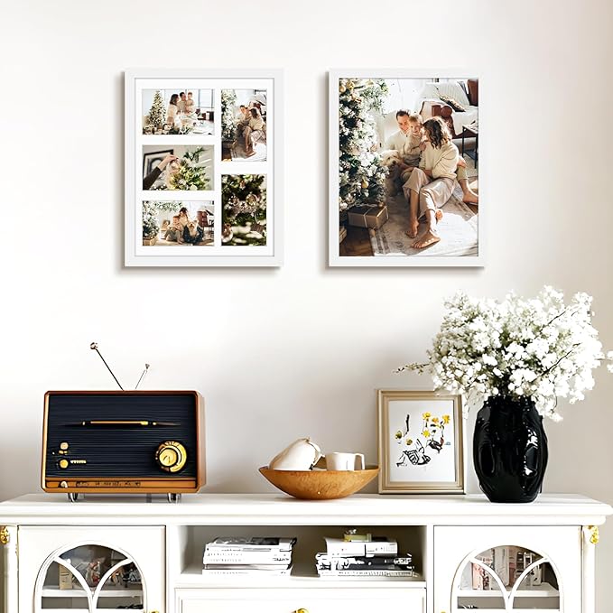 Golden State Art, 11x14 White Wooden Frame with White Mat - Displays Five 4x6 Photos - Real Glass, Wall Mounting, Landscape, Portrait, 3 Pack