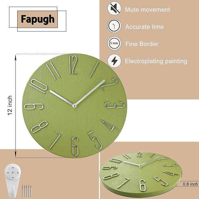 Wall Clock, Silent Clock, Wall Clocks Battery Operated??? 12 inch Modern Wall Clock, Suitable for Offices, Living Rooms, Kitchens, Homes, Schools (Yellow Green Without Second Hand)