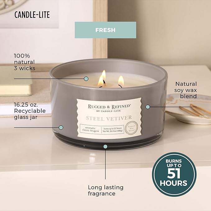 Candle-Lite Scented Candles for Men, Steel Vetiver Fragrance, 16.25 oz Jar, 3-Wick, 51 Hours of Burn Time, Masculine Aromatherapy with Long Lasting Scent, Ideal Gift for Father's Day and Home Decor