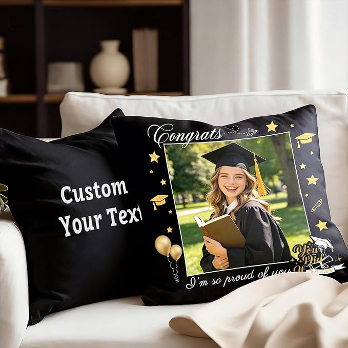 Custom Pillow with Picture & Text - Include Insert, Personalized Graduation Gifts for Class of 2026, Inspirational Souvenir Gifts for Senior College Masters