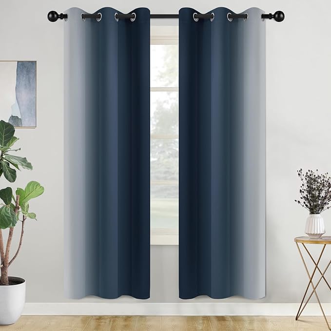 COSVIYA Curtains & Drapes Ombre Navy Blue Curtains 72 inch Length 2 Panels, Grommet Room Darkening Light Blocking Insulated Thermal Gradient Window Panels for Bedroom/Living Room,42x72 inches