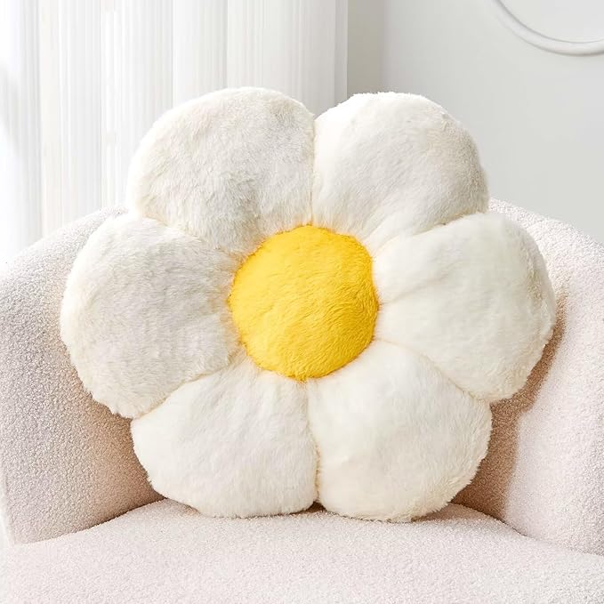 Kcvvcr White Flower Plush Throw Pillow, Cute Decorative Flower Shaped with Faux Rabbit Fur, 19.6" Soft Plush Floor Pillow for Bedroom Living Room