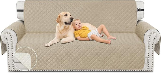 XINEAGE Quilted Sofa Cover Waterproof Couch Covers for 3 Cushion Couch, Super Soft Washable Slipcover with Pockets & Non-Slip Elastic Straps, Thick Furniture Protector (Sofa, Khaki)