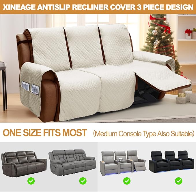 XINEAGE Water Resistant Recliner Cover, 3 seat Recliner Sofa Covers with Pockets, Quilted Thick Recliner Protector Cover for Dog Pets with Non Slip Backing and Strap (Recliner Sofa, Beige)