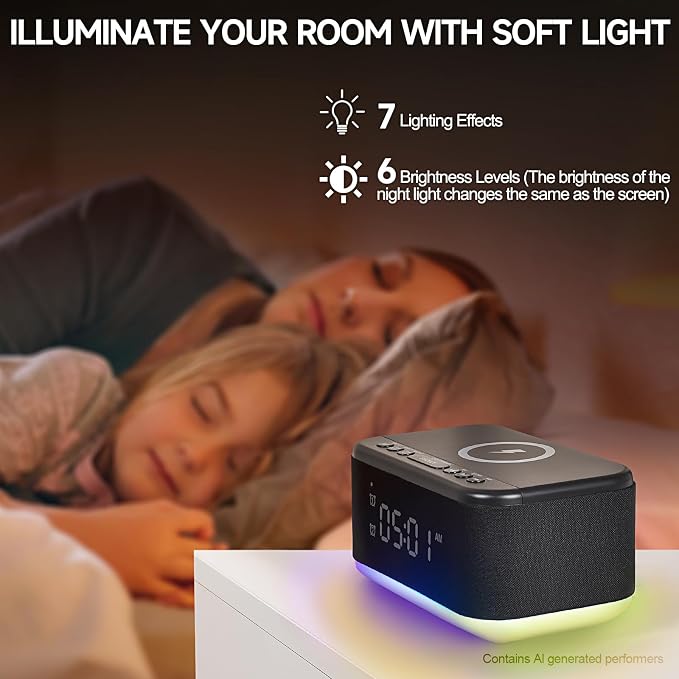 Alarm Clock Speaker Wireless Charger, Digital Alarm Clocks Bedrooms Bluetooth, Alarm Clock Dimmable Light Bedrooms Dual Alarm Snooze Dimmer 12 24H RGB Night Light Bluetooth USB AUX, Black - Image 7