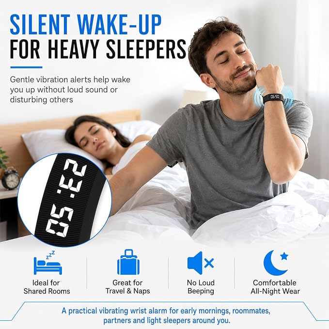 Vibrating Alarm Wristband Clock Smart Watch Bracelets for Mens Digital Heavy Sleepers Fit Wrist Womens Tracker Vibro Vibration Silent Small Distance Teens Shock Despertador Band Alert - Image 3